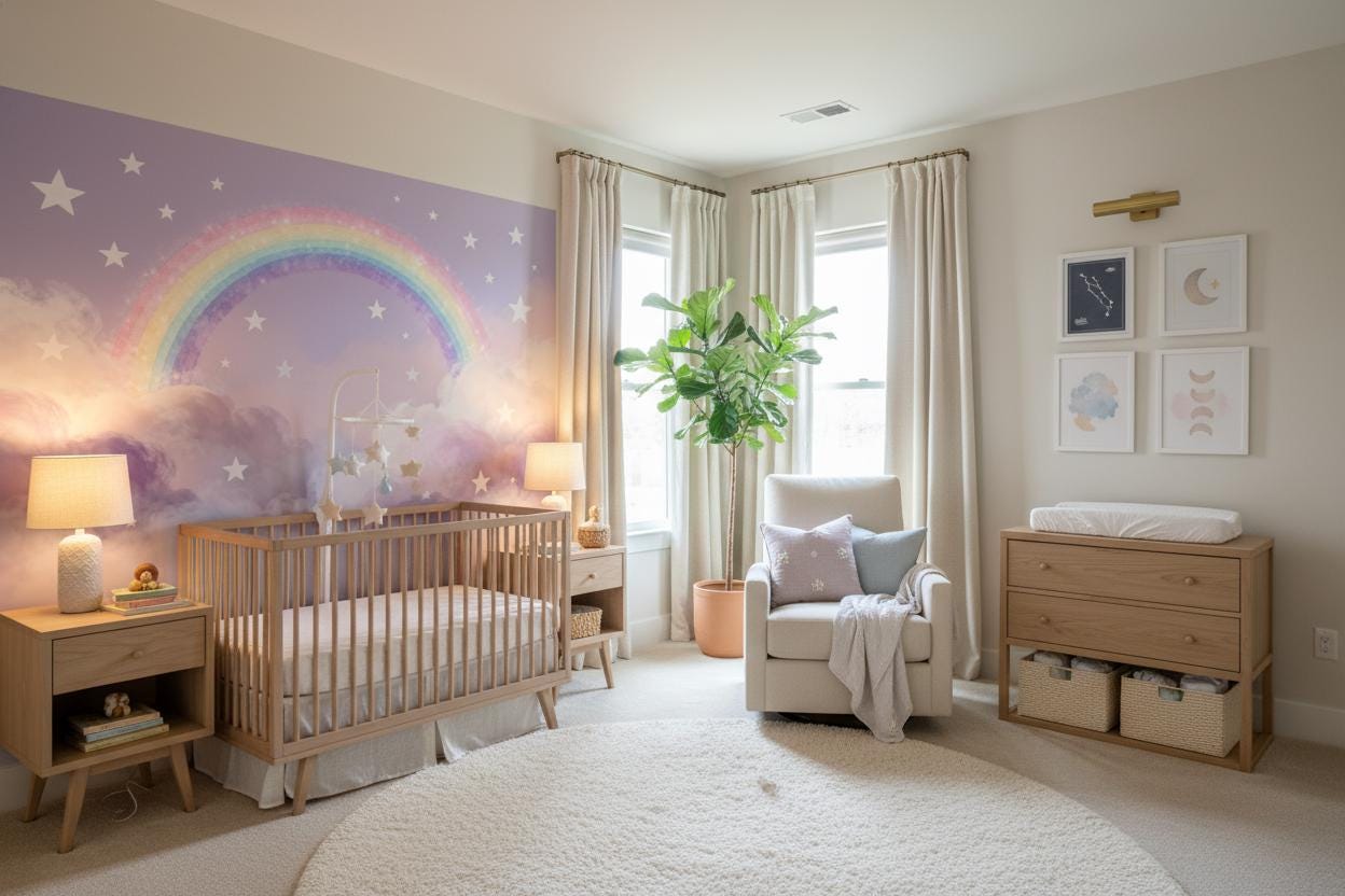Rainbow Stars Pastel Cloud Wallpaper – lifestyle view, Golden Era Walls