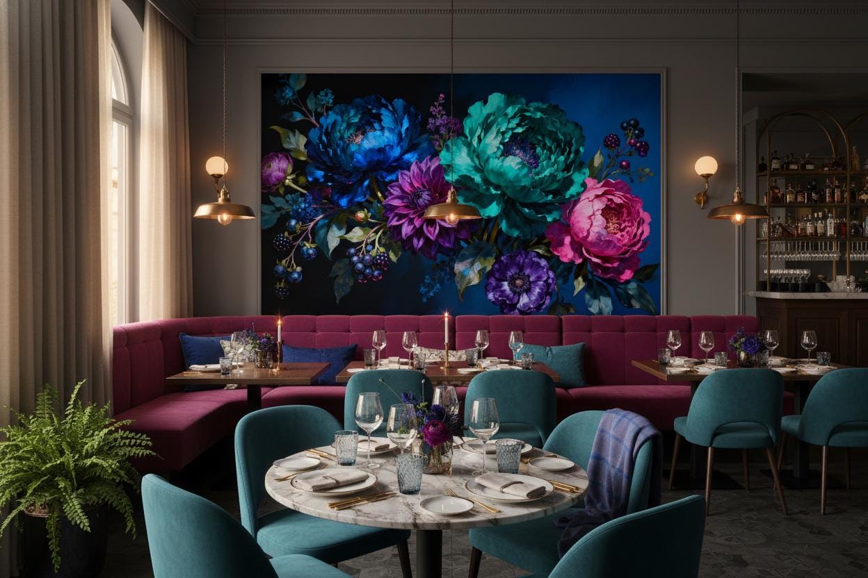 Dark Floral Moody Botanical Floral Wallpaper – scale reference, Golden Era Walls
