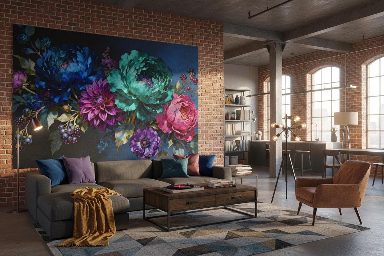 Dark Floral Moody Botanical Floral Wallpaper – detail view, Golden Era Walls
