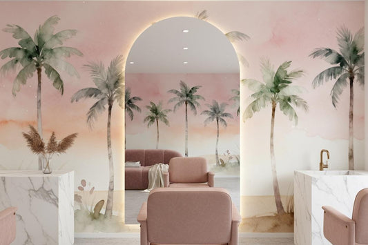 Rainbow Stars Pastel Cloud Tropical Wallpaper – room setting, Golden Era Walls