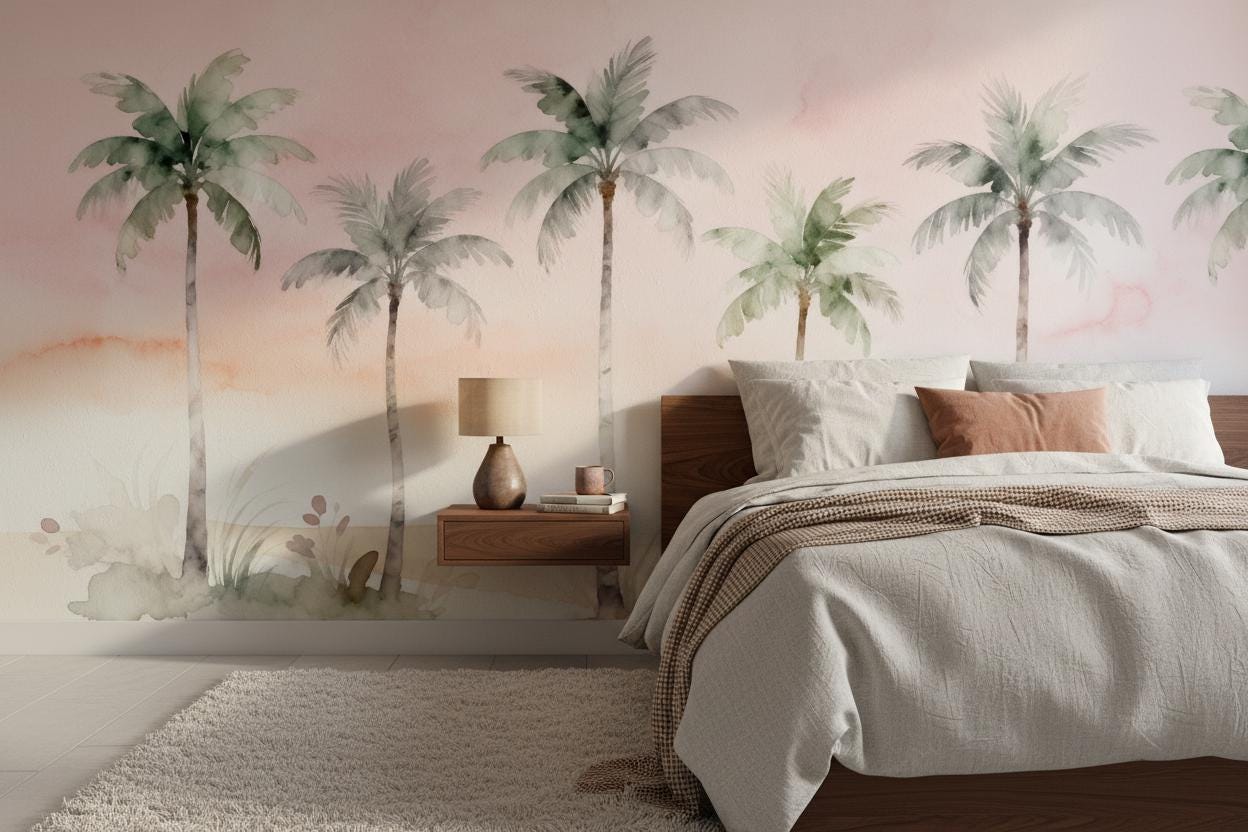 Rainbow Stars Pastel Cloud Tropical Wallpaper – lifestyle view, Golden Era Walls