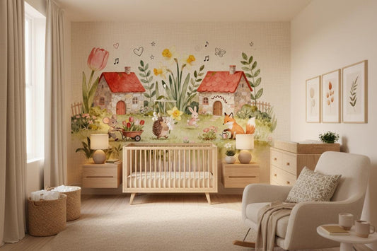 Cottagecore Woodland Animals Watercolor Floral Wallpaper – room setting, Golden Era Walls