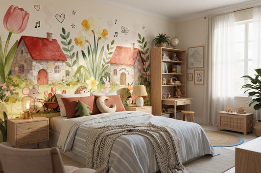 Cottagecore Woodland Animals Watercolor Floral Wallpaper – detail view, Golden Era Walls