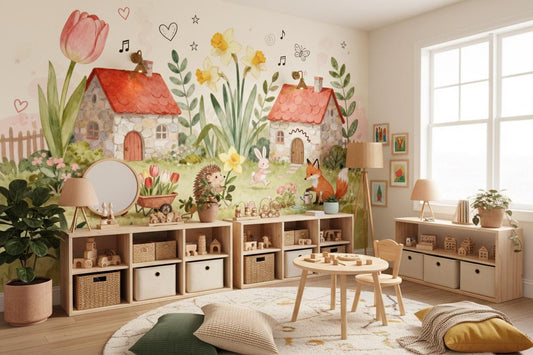 Cottagecore Woodland Animals Watercolor Floral Wallpaper – lifestyle view, Golden Era Walls
