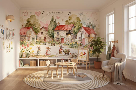 Cottagecore Mice Watercolor Village Wallpaper – lifestyle view, Golden Era Walls