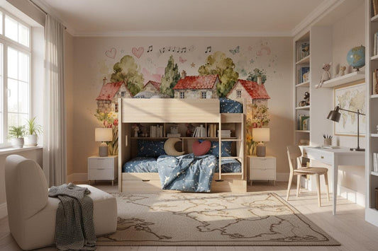 Cottagecore Mice Watercolor Village Wallpaper – room setting, Golden Era Walls
