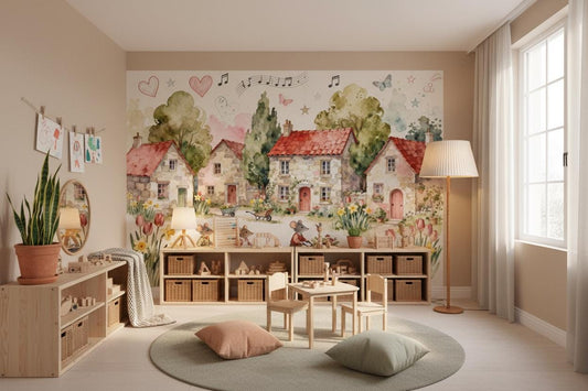 Cottagecore Mice Watercolor Village Wallpaper – detail view, Golden Era Walls