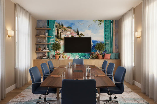Coastal Window View Blue Coastal Wallpaper – lifestyle view, Golden Era Walls