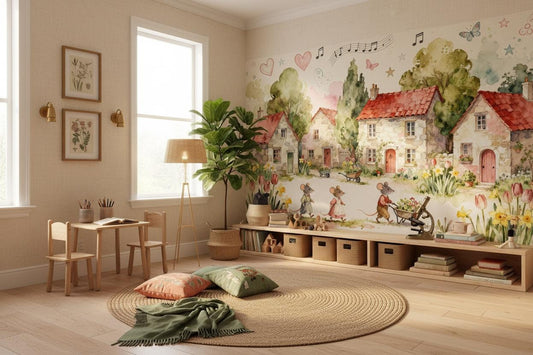 Cottagecore Mice Watercolor Village Wallpaper – peel and stick wallpaper mural, Golden Era Walls