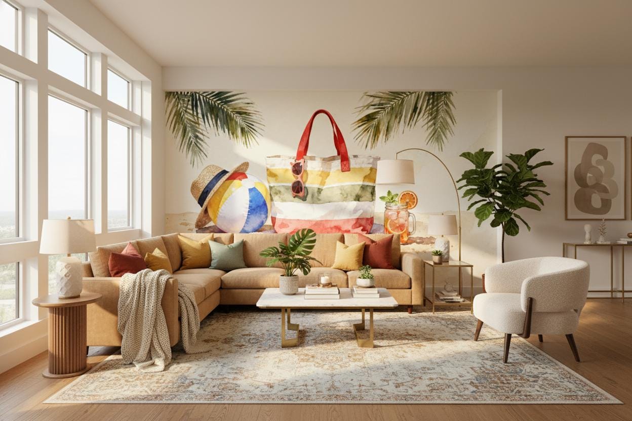 Coastal Watercolor Beach Summer Tropical Wallpaper – lifestyle view, Golden Era Walls
