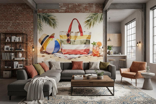 Coastal Watercolor Beach Summer Tropical Wallpaper – room setting, Golden Era Walls