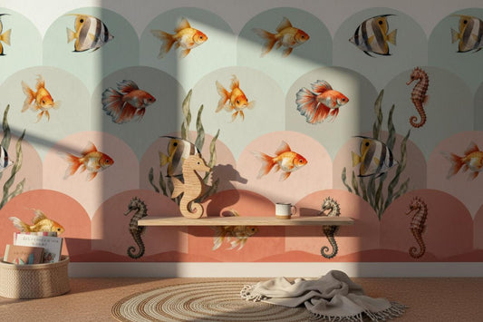 Coastal Fish Green Peach Coastal Wallpaper – peel and stick wallpaper mural, Golden Era Walls
