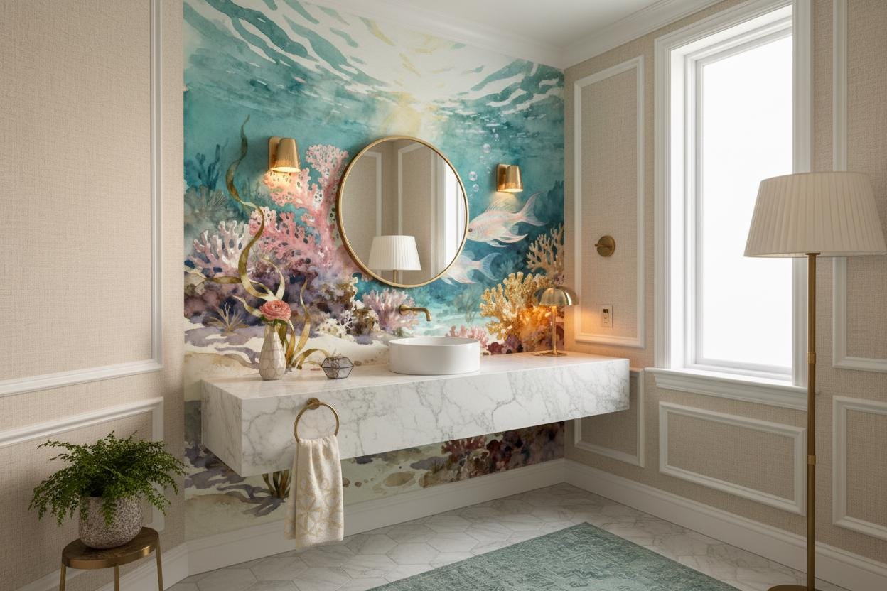 Coastal Coral Reef Teal Coastal Wallpaper – alternate view, Golden Era Walls