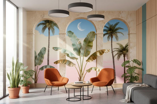Luxury Arch Gold Leaves Tropical Wallpaper – room setting, Golden Era Walls