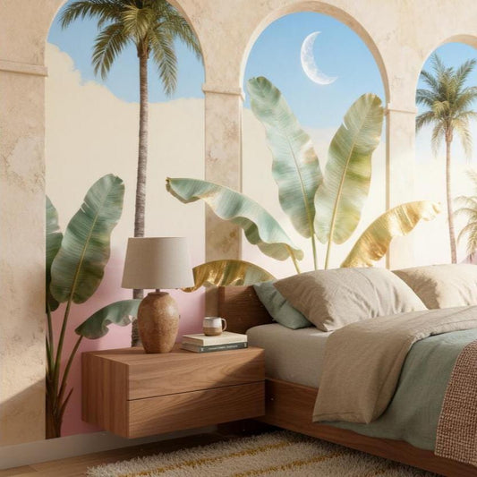 Luxury Arch Gold Leaves Tropical Wallpaper – peel and stick wallpaper mural, Golden Era Walls