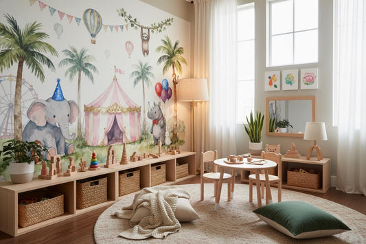 Circus Animal Pastel Watercolor Wallpaper – detail view, Golden Era Walls