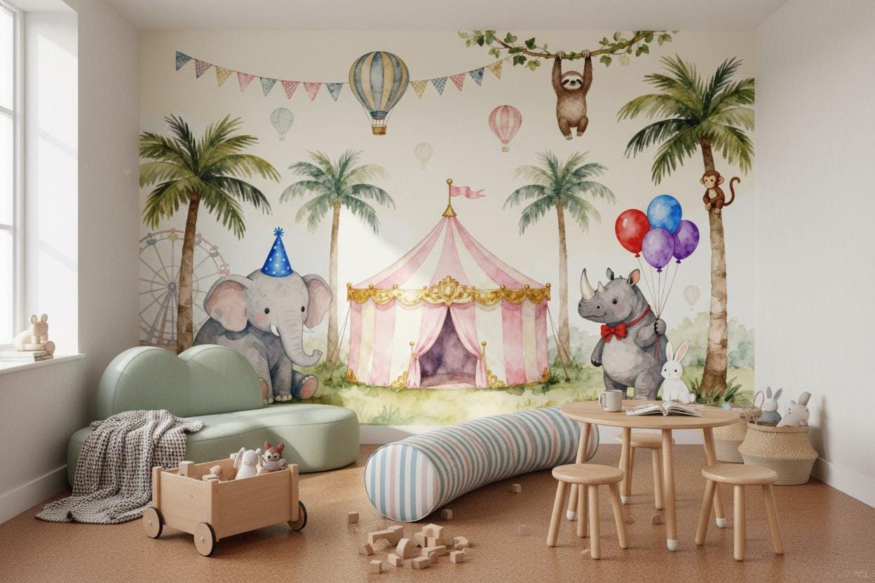 Circus Animal Pastel Watercolor Wallpaper – room setting, Golden Era Walls