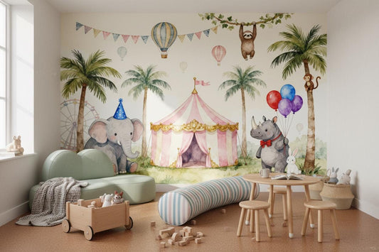 Circus Animal Pastel Watercolor Wallpaper – room setting, Golden Era Walls