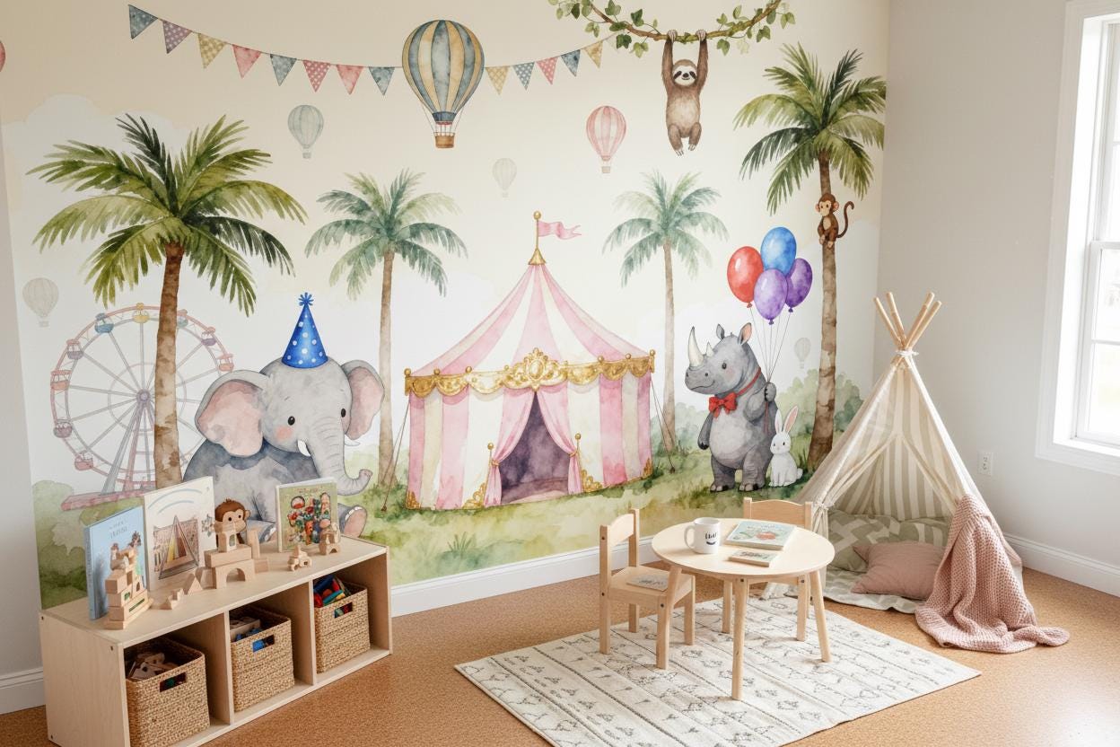 Circus Animal Pastel Watercolor Wallpaper – alternate view, Golden Era Walls