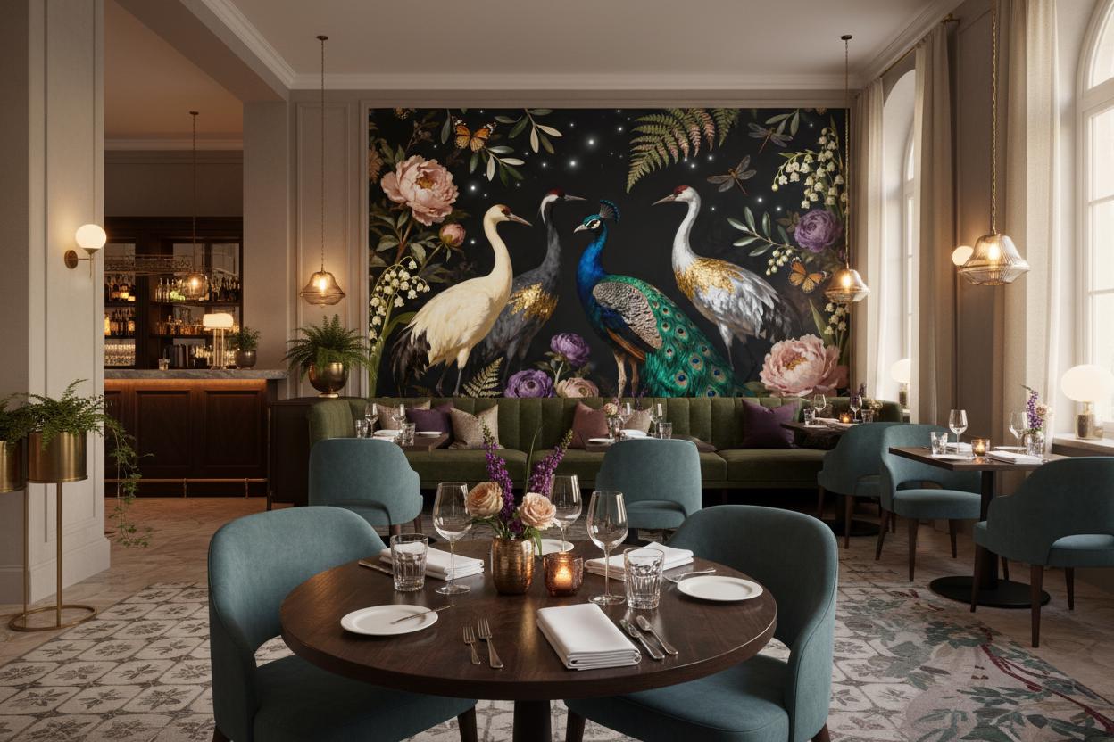 Chinoiserie Peacock Crane Dark Floral Wallpaper – room setting, Golden Era Walls