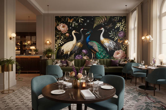 Chinoiserie Peacock Crane Dark Floral Wallpaper – room setting, Golden Era Walls