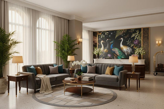 Chinoiserie Peacock Crane Dark Floral Wallpaper – detail view, Golden Era Walls