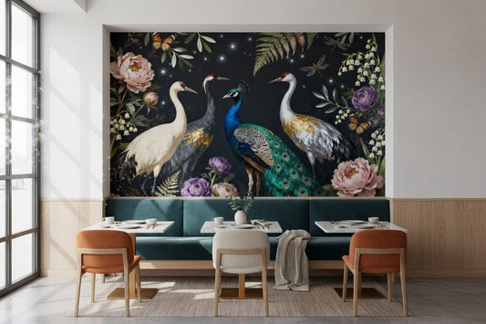 Chinoiserie Peacock Crane Dark Floral Wallpaper – lifestyle view, Golden Era Walls