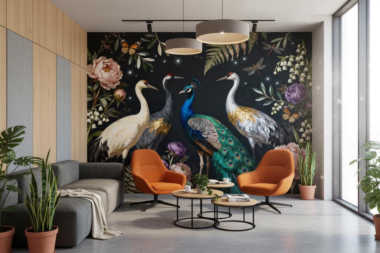 Chinoiserie Peacock Crane Dark Floral Wallpaper – alternate view, Golden Era Walls