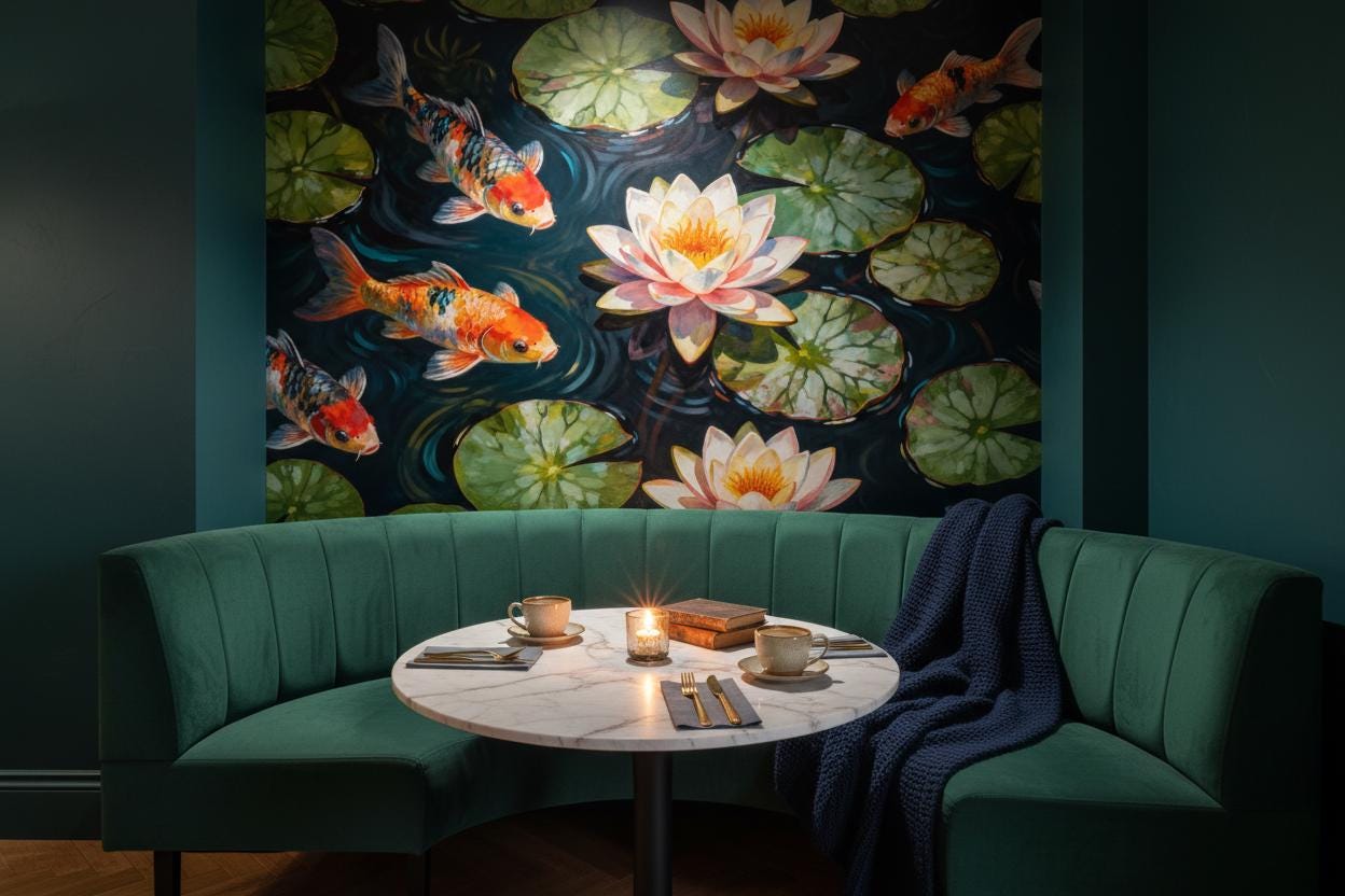 Chinoiserie Koi Fish Dark Wallpaper – peel and stick wallpaper mural, Golden Era Walls