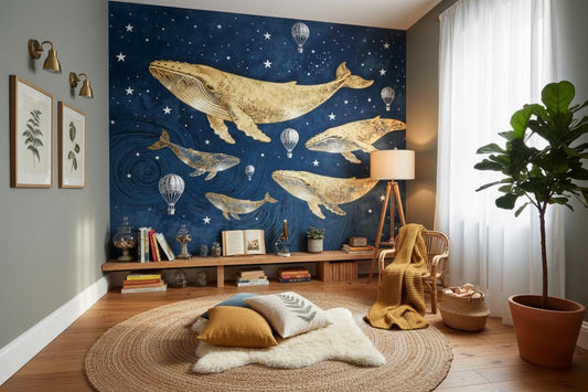 Celestial Whale Blue Gold Coastal Wallpaper – peel and stick wallpaper mural, Golden Era Walls