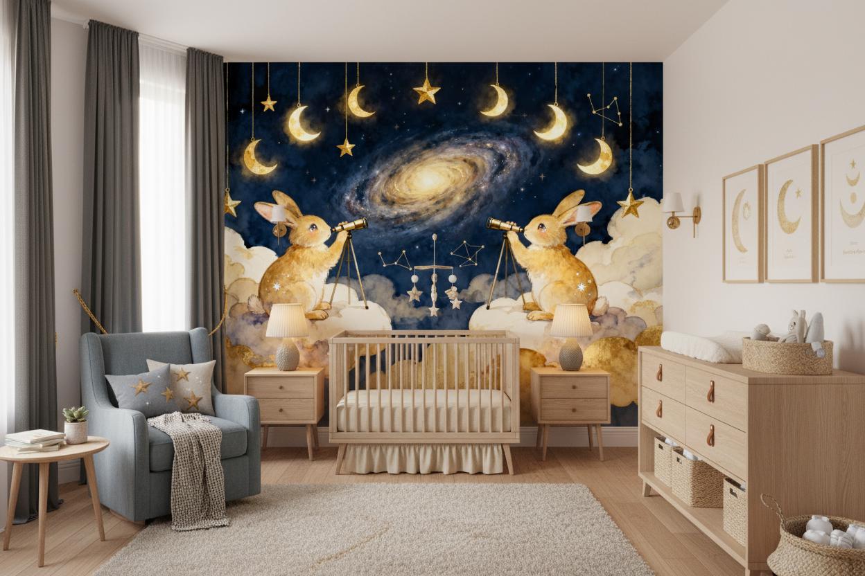 Luxury Navy Gold Celestial Wallpaper – lifestyle view, Golden Era Walls