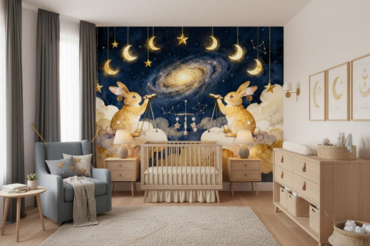 Luxury Navy Gold Celestial Wallpaper – lifestyle view, Golden Era Walls
