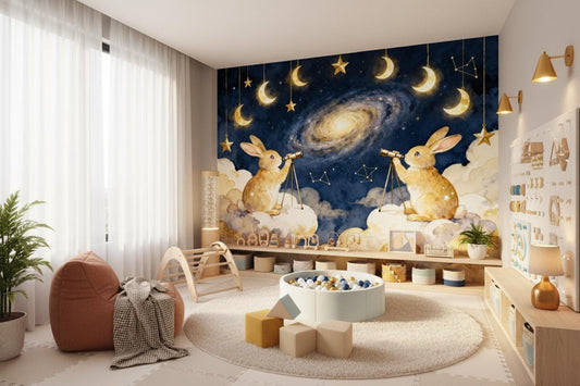 Luxury Navy Gold Celestial Wallpaper – room setting, Golden Era Walls