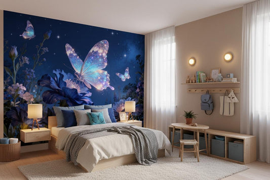 Opulent Dark Blue Butterfly Floral Wallpaper – room setting, Golden Era Walls