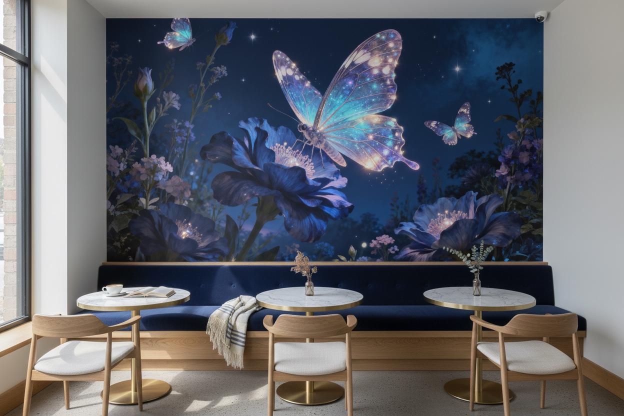 Opulent Dark Blue Butterfly Floral Wallpaper – peel and stick wallpaper mural, Golden Era Walls