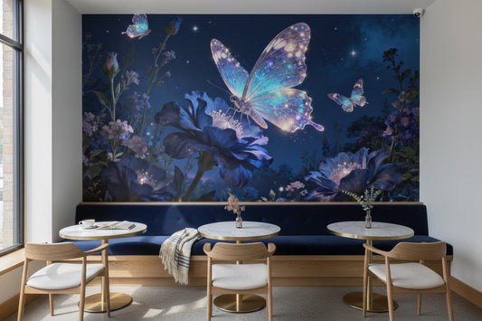 Opulent Dark Blue Butterfly Floral Wallpaper – peel and stick wallpaper mural, Golden Era Walls