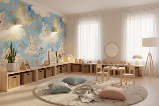 Enchanted Bunny Blue Gold Wallpaper – lifestyle view, Golden Era Walls