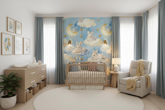 Enchanted Bunny Blue Gold Wallpaper – peel and stick wallpaper mural, Golden Era Walls