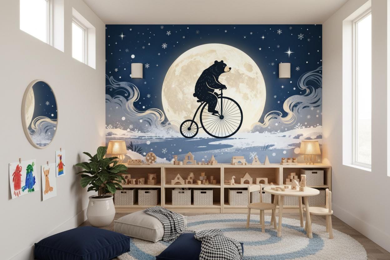 Whimsical Celestial Bear Blue Coastal Wallpaper – room setting, Golden Era Walls