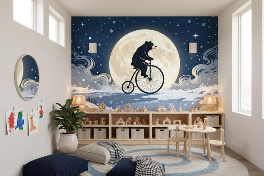 Whimsical Celestial Bear Blue Coastal Wallpaper – room setting, Golden Era Walls