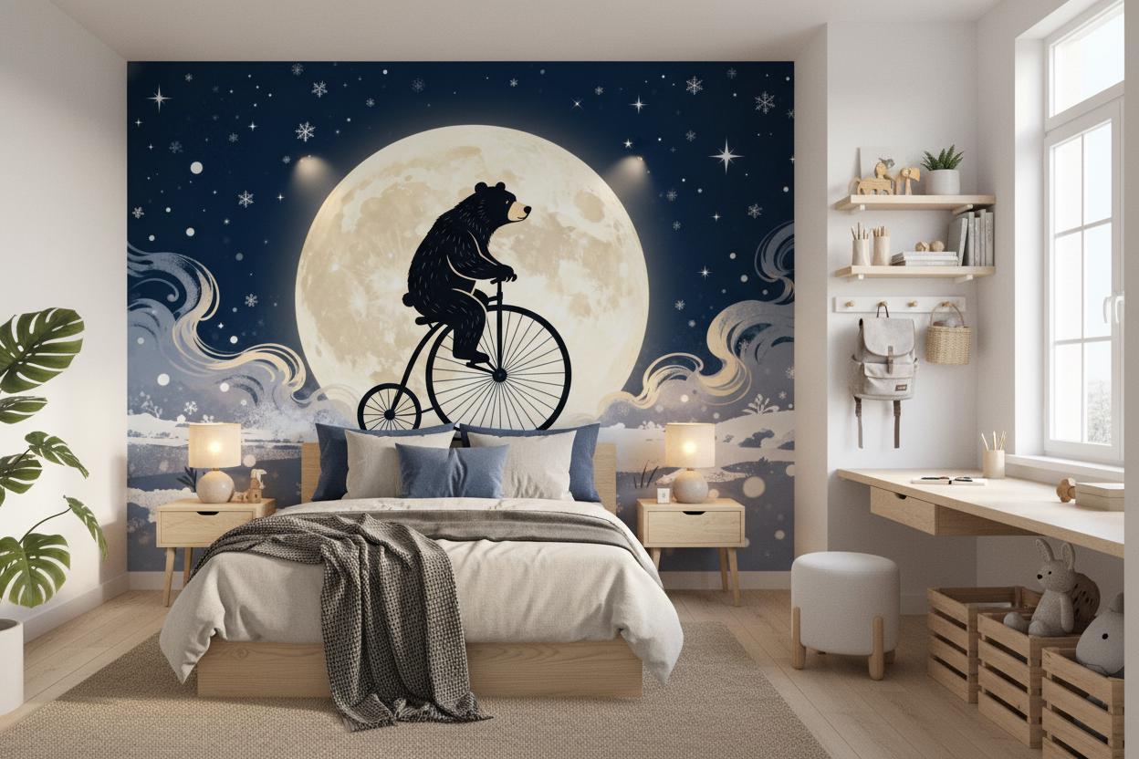 Whimsical Celestial Bear Blue Coastal Wallpaper – lifestyle view, Golden Era Walls