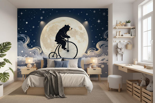Whimsical Celestial Bear Blue Coastal Wallpaper – lifestyle view, Golden Era Walls