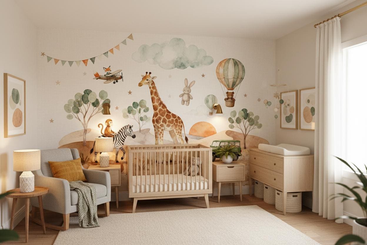 Boho Safari Watercolor Animal Floral Wallpaper – scale reference, Golden Era Walls