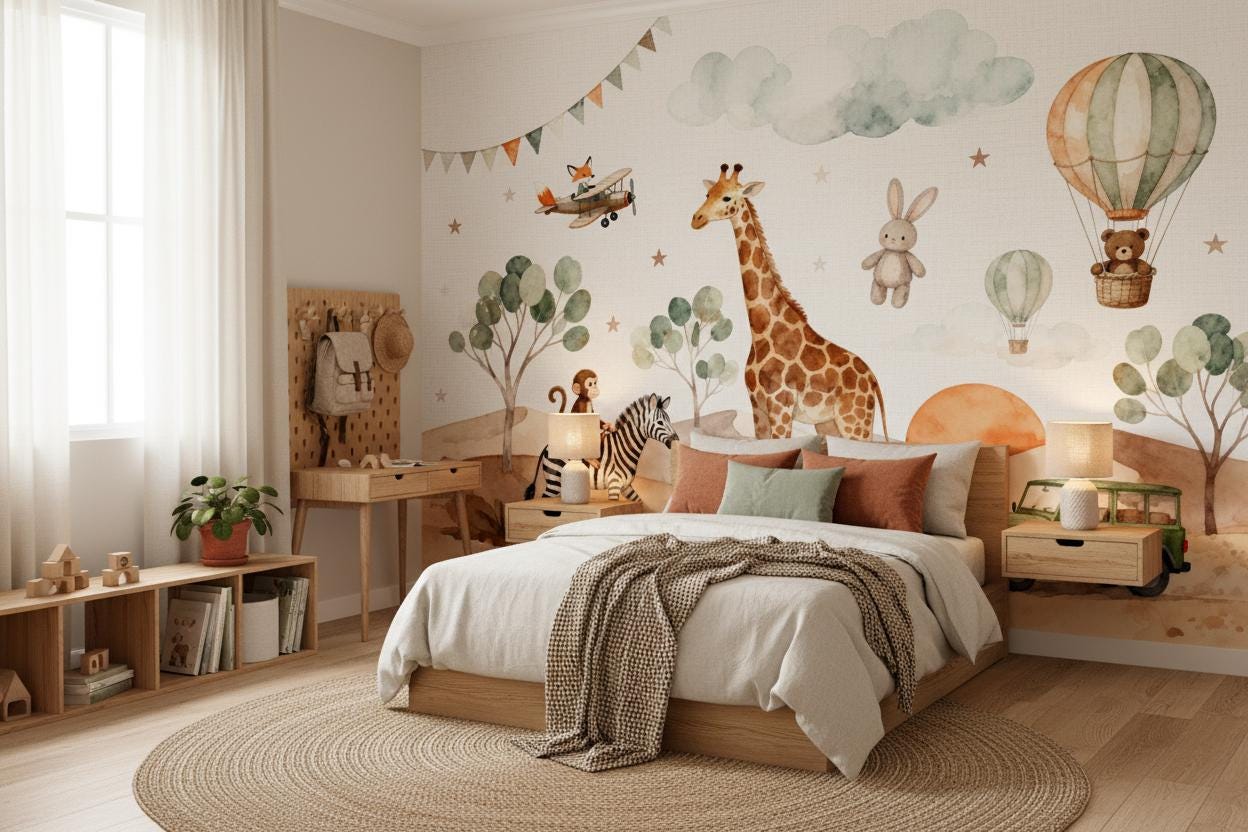 Boho Safari Watercolor Animal Floral Wallpaper – room setting, Golden Era Walls