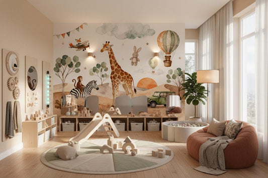 Boho Safari Watercolor Animal Floral Wallpaper – detail view, Golden Era Walls
