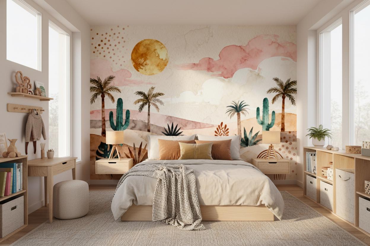 Boho Cactus Terracotta Teal Wallpaper – detail view, Golden Era Walls