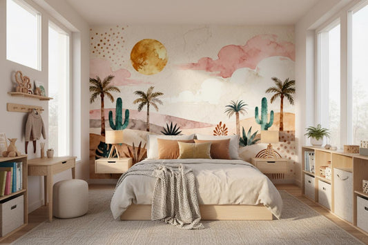 Boho Cactus Terracotta Teal Wallpaper – detail view, Golden Era Walls