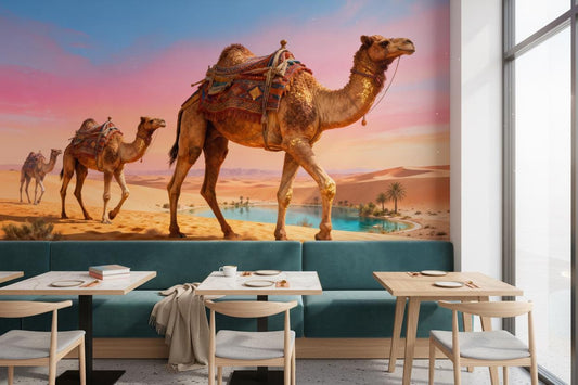 Desert Oasis Pink Blue Wallpaper – peel and stick wallpaper mural, Golden Era Walls
