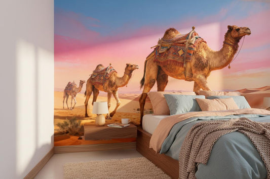Desert Oasis Pink Blue Wallpaper – room setting, Golden Era Walls