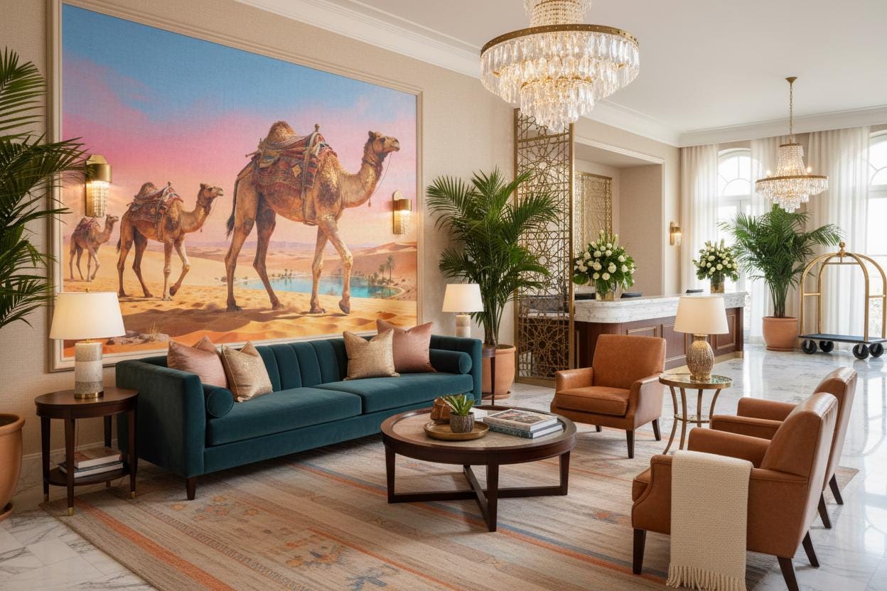 Desert Oasis Pink Blue Wallpaper – lifestyle view, Golden Era Walls